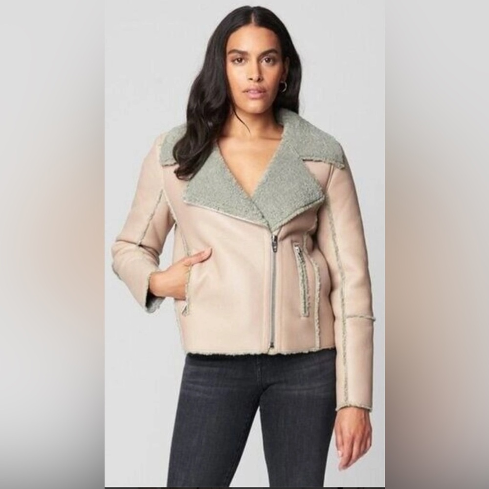 BLANK NYC Blush Pink Taupe and Gray Sherpa Moto Jacket